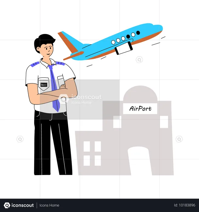 飛行機を見つめる男性パイロット  イラスト