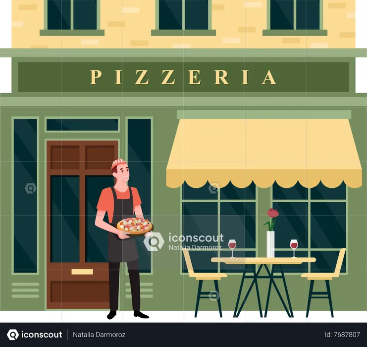 Male pizza chef welcoming customer to cafe  Illustration