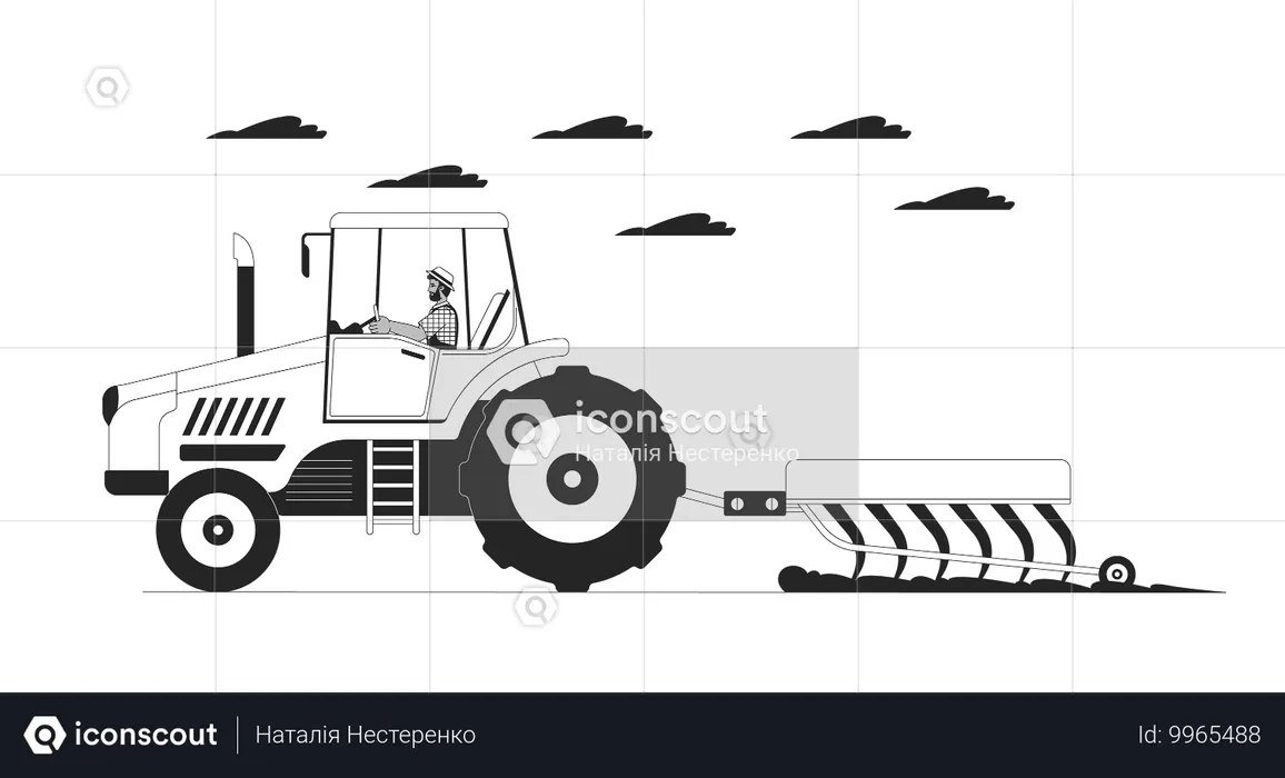 Male plowing field with tractor  Illustration