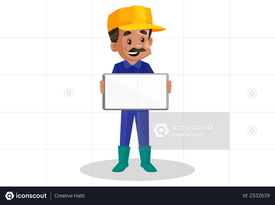 Male plumber holding blank board  Illustration