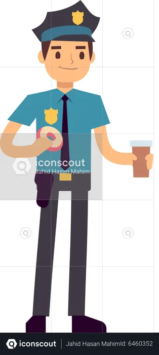 Male Police holding coffee cup and donut  Illustration