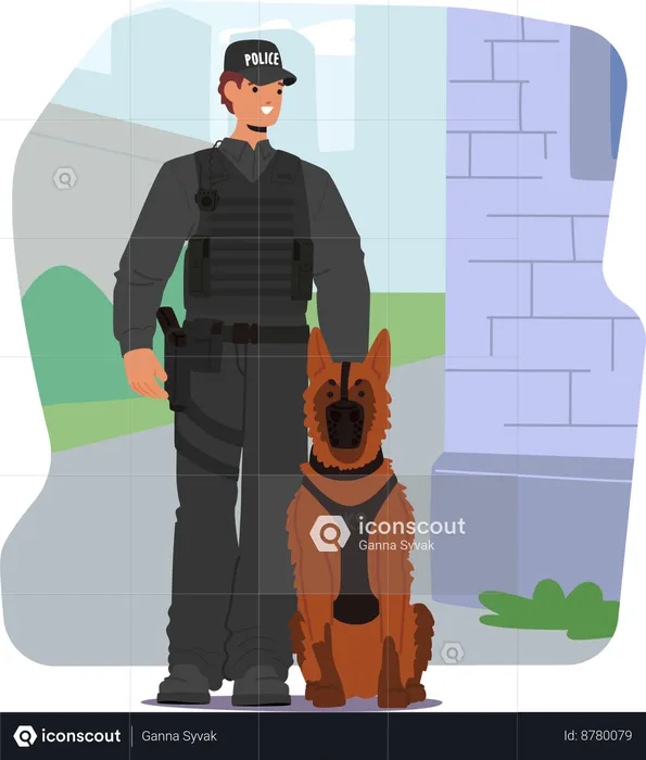 Male Police Officer with dog  Illustration