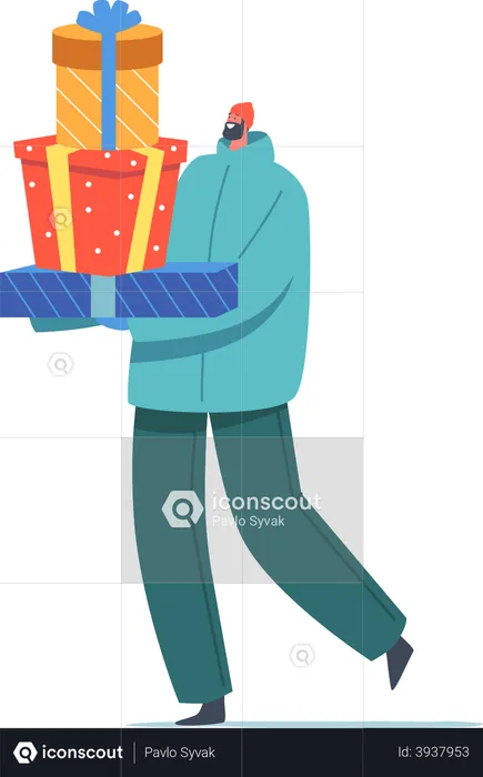 Un homme transporte une pile de cadeaux pour Noël  Illustration