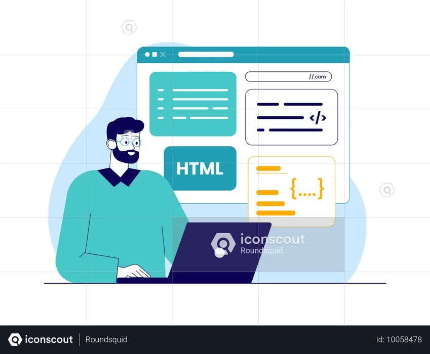 HTML コードを使用して Web プログラミングを行う男性プログラマー  イラスト