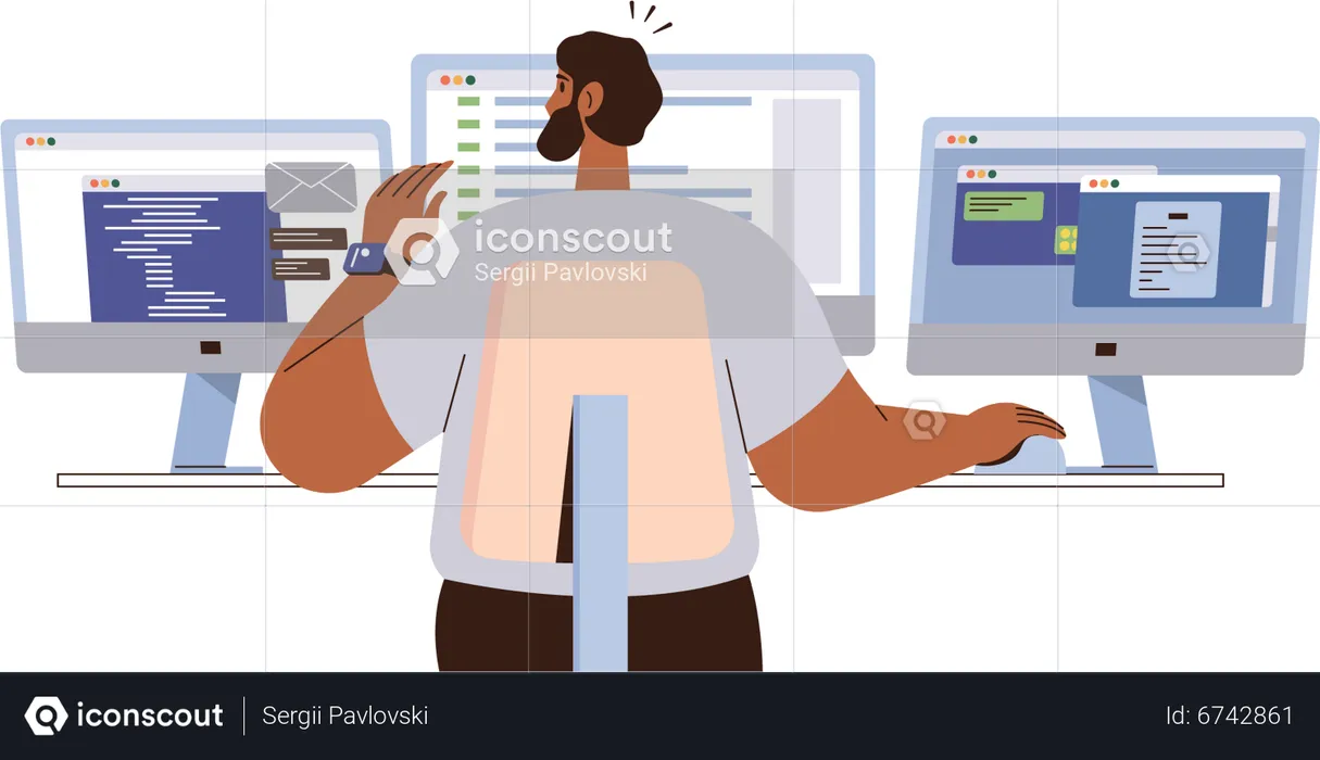 Male programmer freelancer working on computer  Illustration