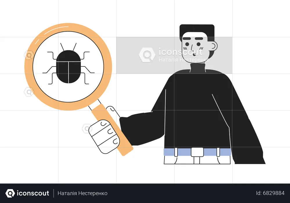 Male programmer solving bug in system  Illustration