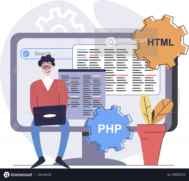 Male programmer working on PHP and HTML coding  Illustration