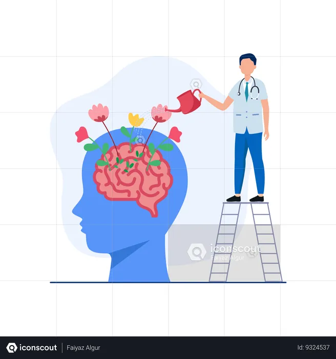 Male Psychiatrists Watering Flowers Growing in Head  Illustration