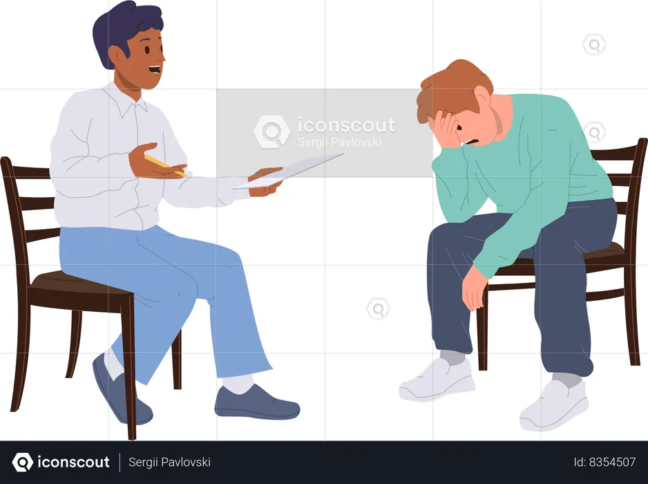 Male psychotherapist counseling man client with depression disorder during therapy session  Illustration