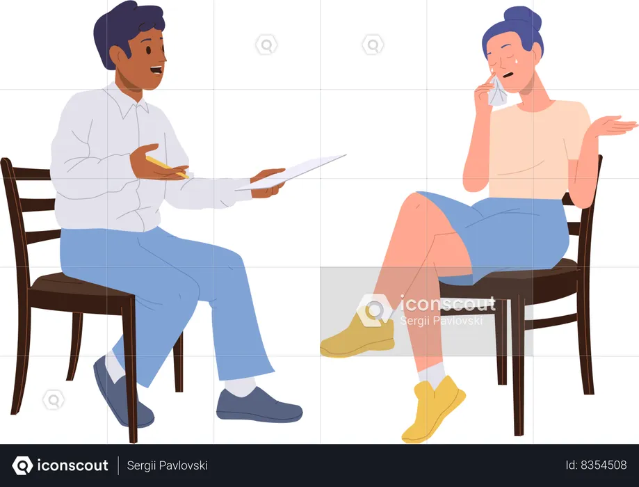 Male psychotherapist talking to crying woman patient during therapy interview session  Illustration