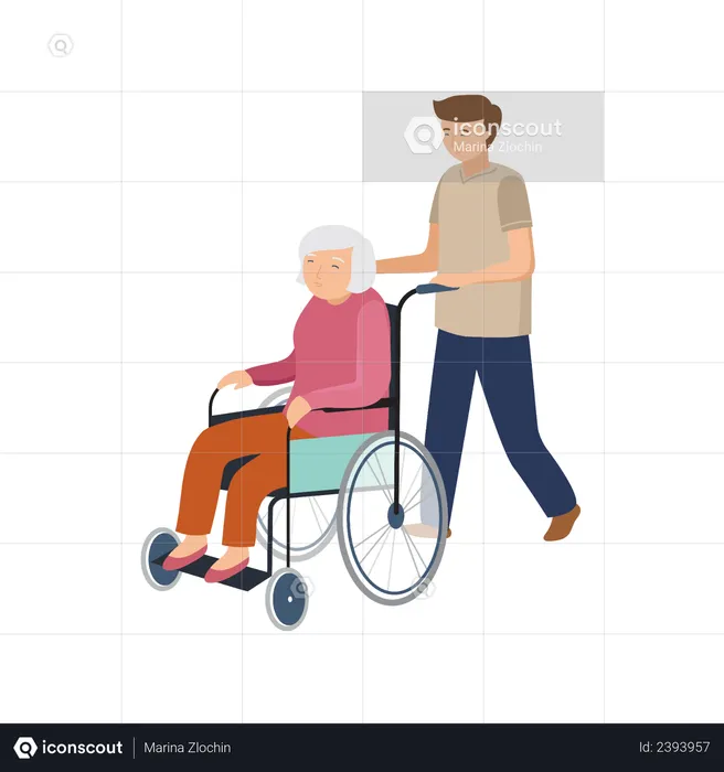 Male pushing wheelchair for old woman  Illustration