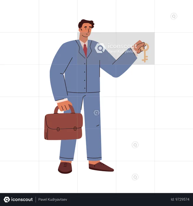 Male realtor in suit and with briefcase holding key  Illustration