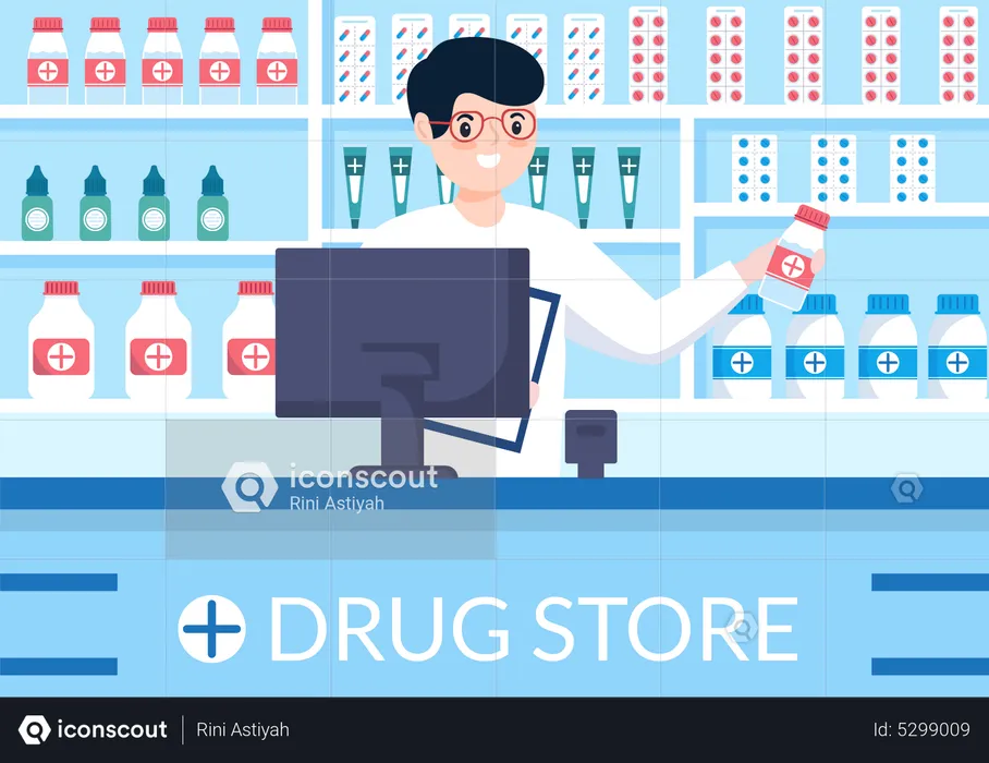 Male receptionist at drug store  Illustration