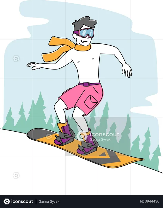 Male Riding Snowboard in Mountains  Illustration
