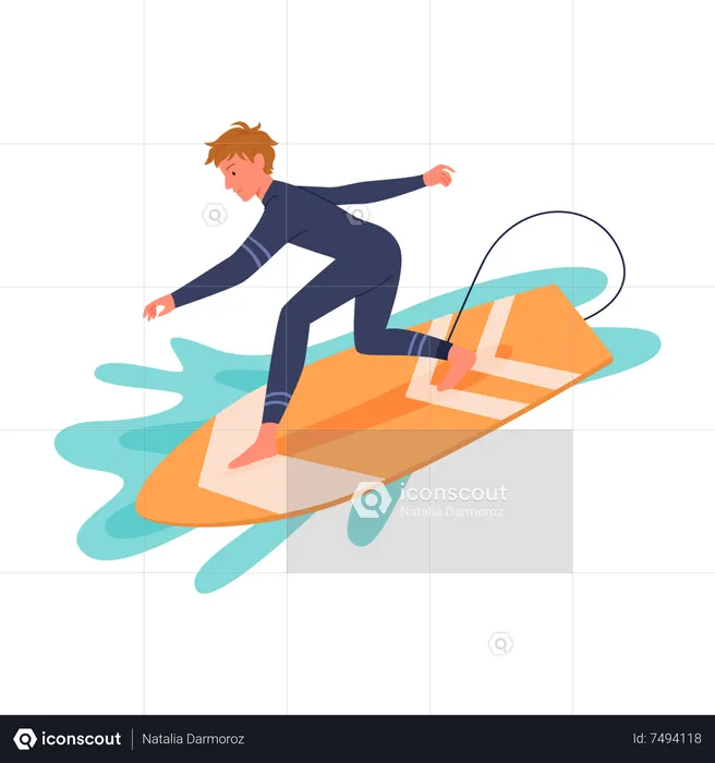 Male Riding Surfboard in ocean  Illustration