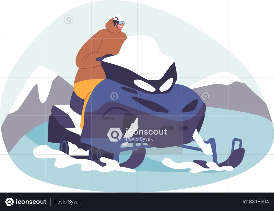 Male Roaring Through Icy Terrain On Snowmobile. Man Conquers The Snowy Expanse, Vector Illustration  Illustration