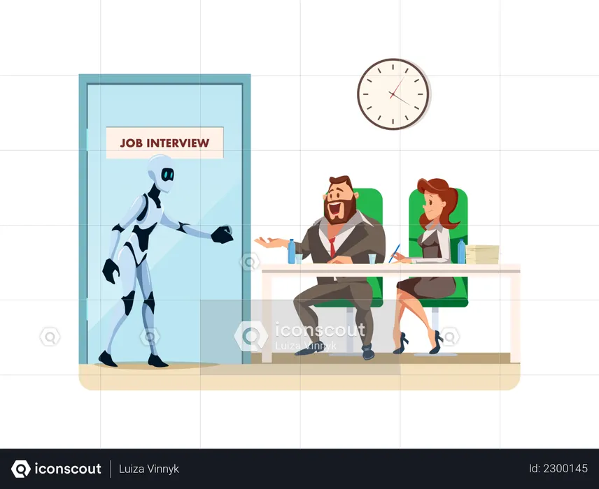 Male robot candidate enters for job interview  Illustration