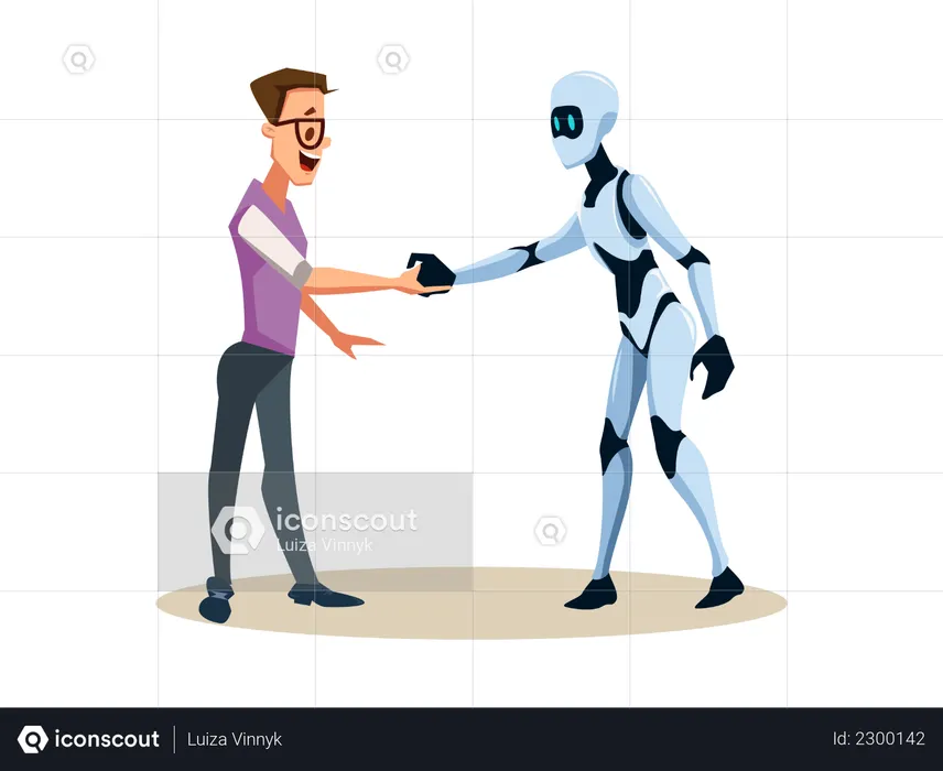 Male robot handshaking with human employee  Illustration