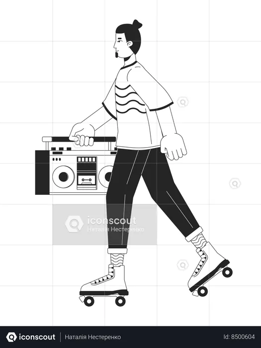 Male roller skater holding boombox  Illustration