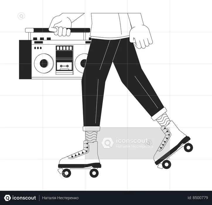 Male roller skater holding boombox 2D linear cartoon legs close-up  Illustration