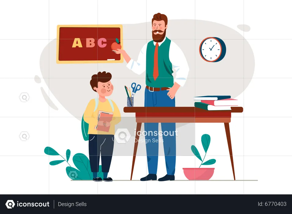 Male school teacher teaching to boy  Illustration