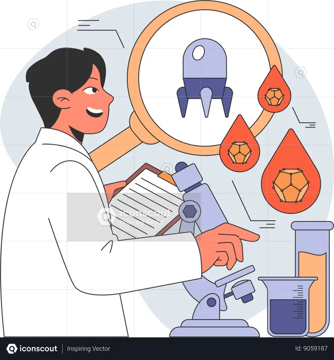 Male scientist doing research on microscope  Illustration