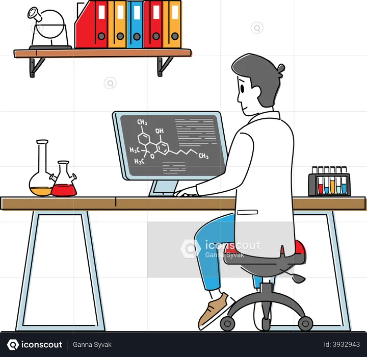 Male Scientist Work on Pc in Laboratory  Illustration