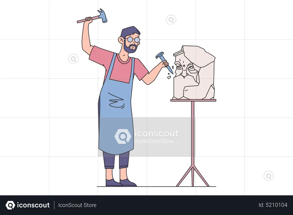Male sculptor sculpting using hammer and chisel  Illustration