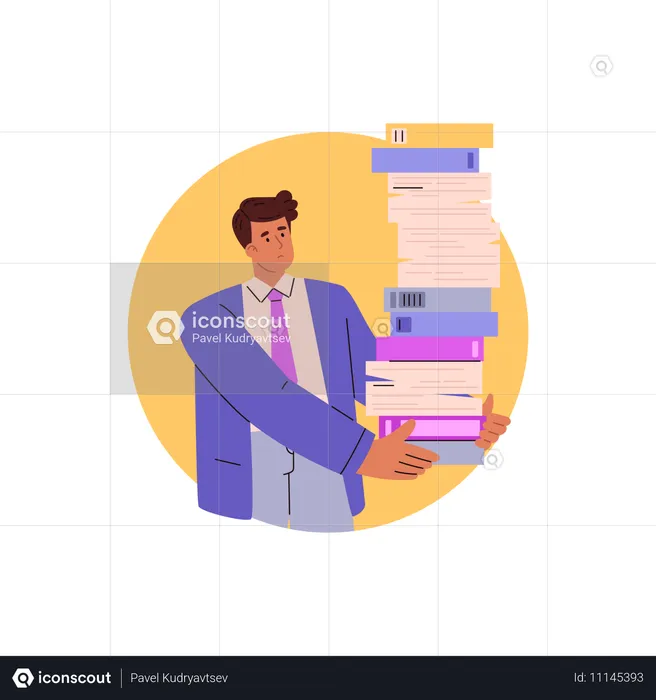 Male secretary with books and documents in hands  Illustration