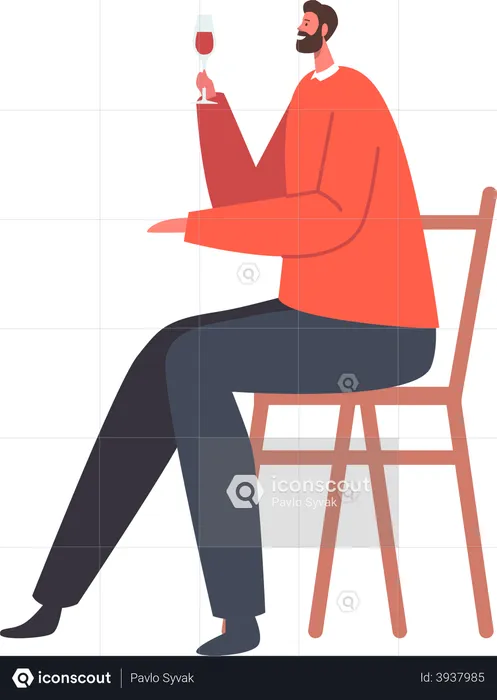 Male Sit on Chair Holding Wineglass in Hand  Illustration