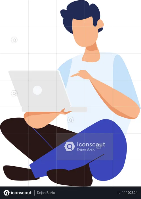 Male site on floor while using laptop  Illustration