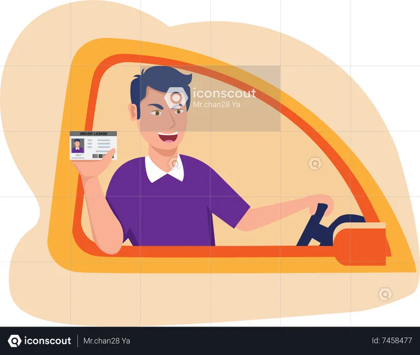 Male sitting in new car and took the driving test  Illustration