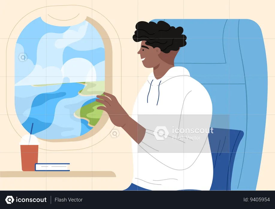 Male sitting in plane at window seat  Illustration