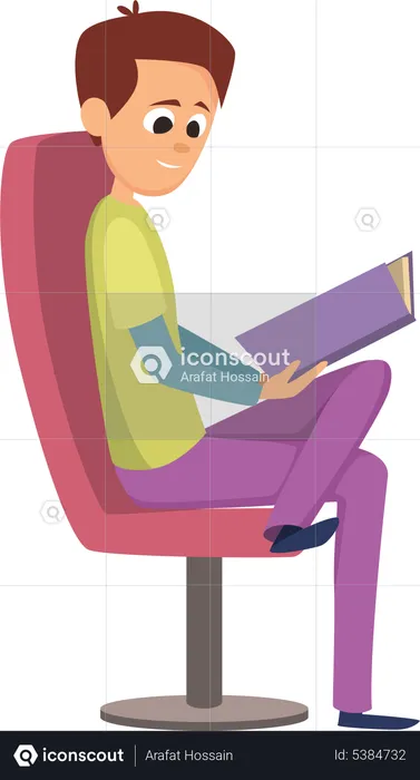 Male sitting on chair while reading book  Illustration