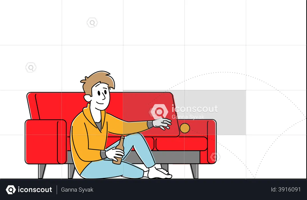 Male Sitting on Floor with Beer Bottle in Hand Throwing Ball  Illustration