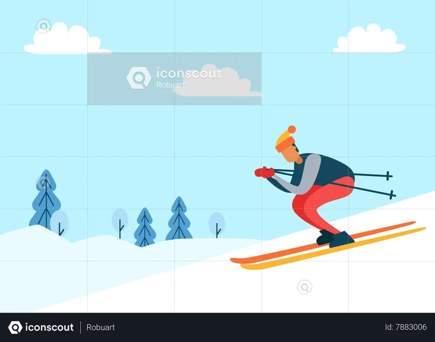 Male skier with poles on skis  Illustration