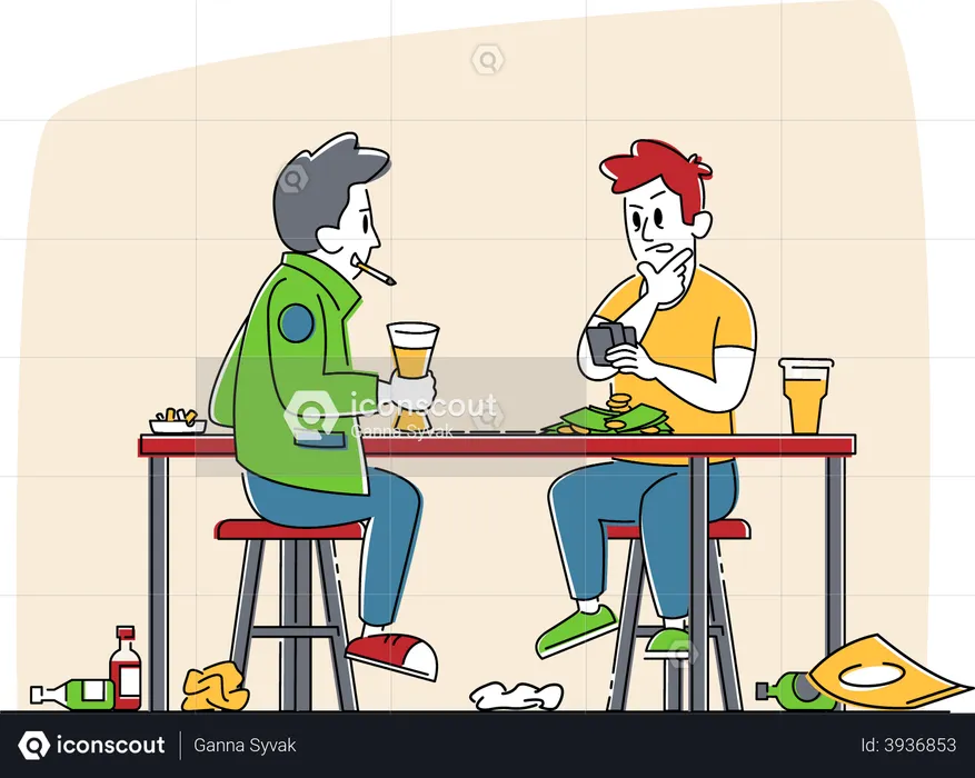 Male Smoking and Playing Cards Sitting at Table with Alcohol Drink Bottles  Illustration