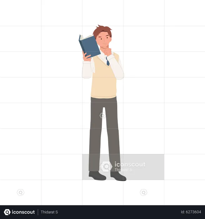 Male student holding a book and thinking something  Illustration