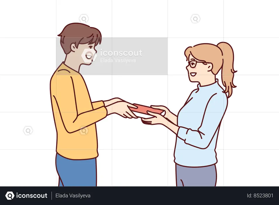 Male student passes book to girl  Illustration