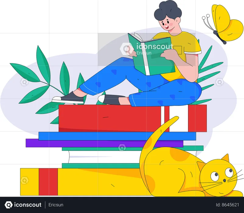 Male student sitting on book  Illustration