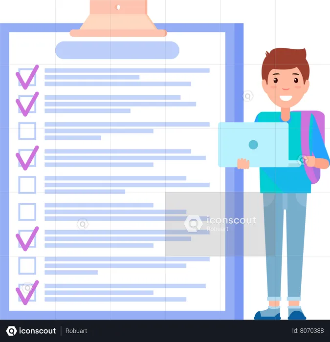 Male student standing with laptop with task planner program works with study schedule  Illustration