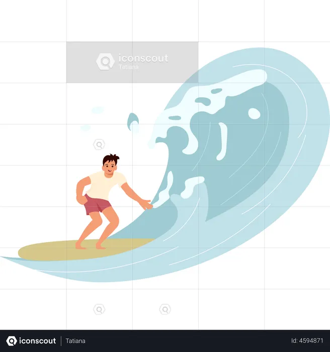 Male surfer rides the Barreled Rushing Wave  Illustration
