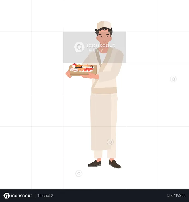 Male sushi chef holding a japanese wood plate of varieties of sushi  Illustration