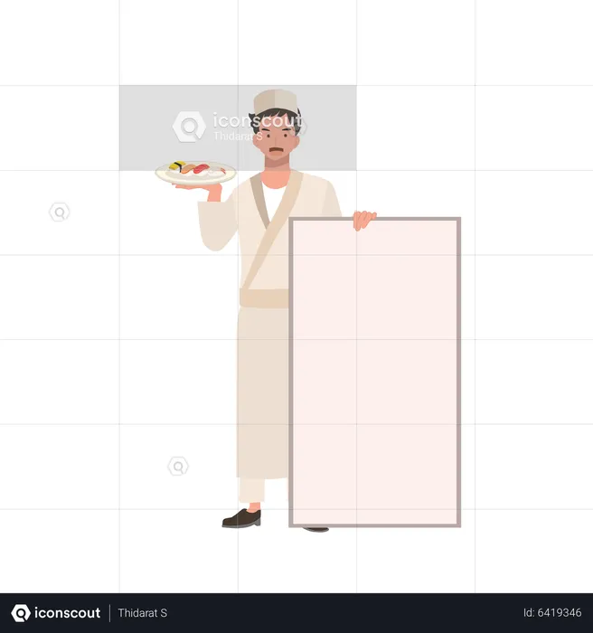 Male sushi chef holding a plate of varieties sushi and placard  Illustration