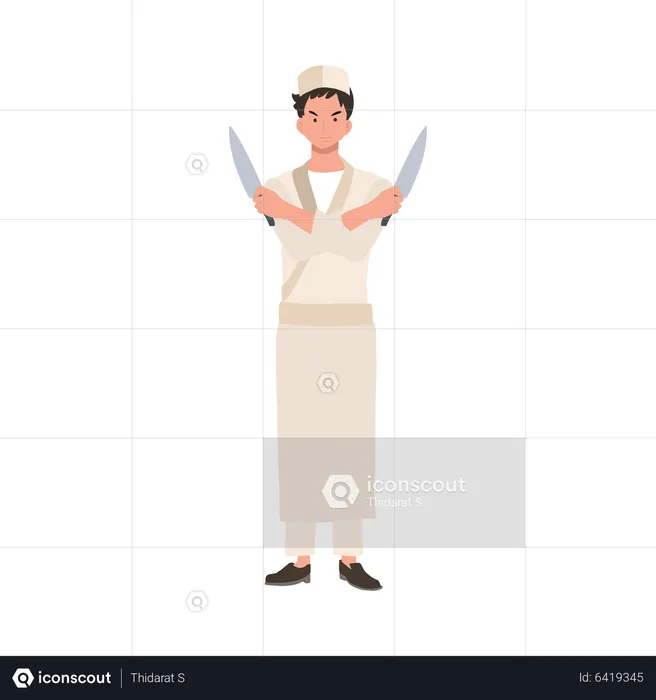 Male sushi chef holding knife  Illustration