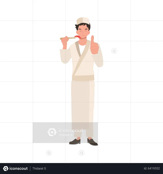 Male sushi chef is holding sushi by chopstick  Illustration