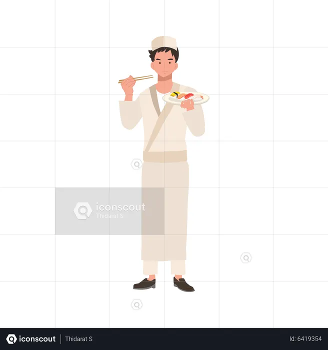 Male sushi chef is holding chopstick and a plate of varieties sushi  Illustration