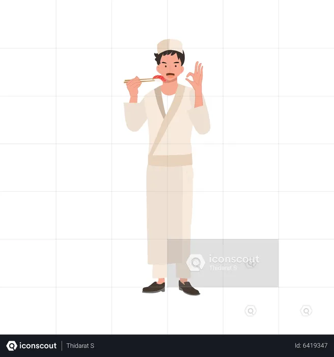 Male sushi chef is holding sushi by chopstick and doing OK hand sign as a good quality and good taste  Illustration