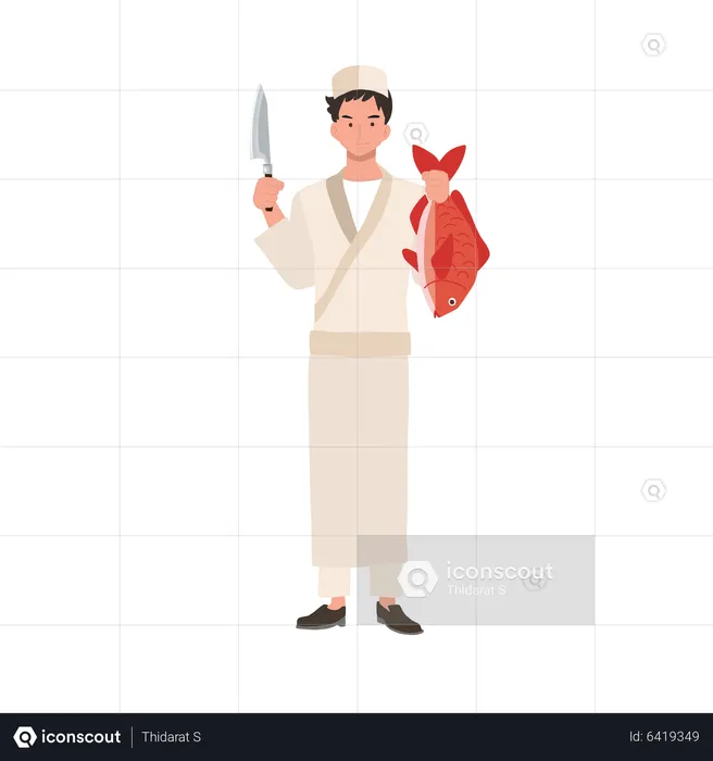 Chef de sushi mâle tenant un couteau et du poisson vivaneau frais rouge  Illustration