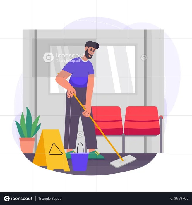 Male sweeper doing work at office  Illustration